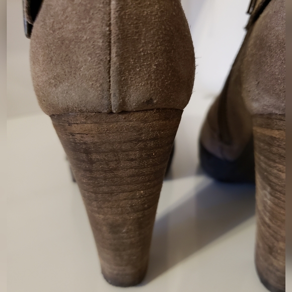 Browns Italian Suede Ankle Buckle Boot Side Zipper Taupe Wooden Heels Woman 37 - Picture 9 of 12